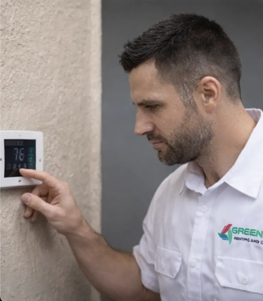Technician adjusting and calibrating a thermostat to improve cooling efficiency during an AC tune-up