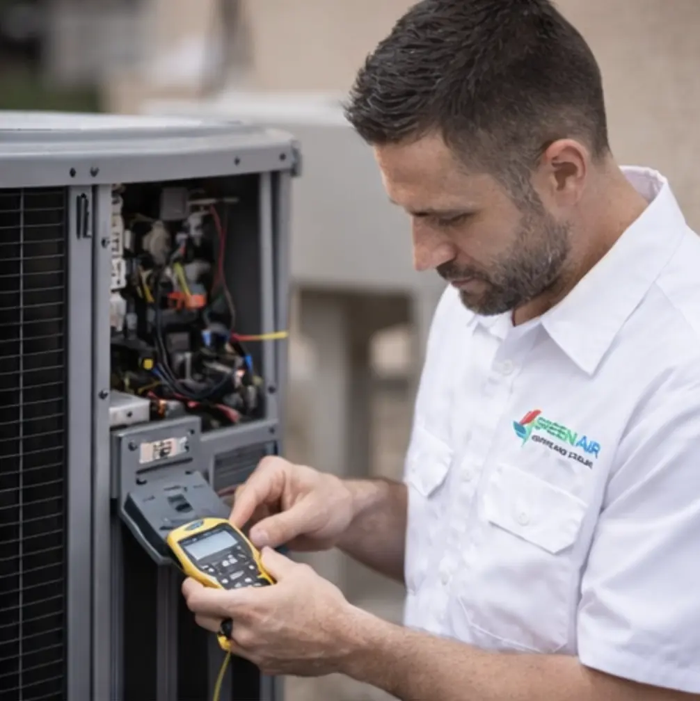 HVAC technician testing electrical components inside an air conditioning unit during a scheduled AC tune-up