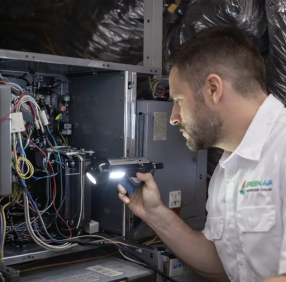 HVAC technician performing a detailed indoor system inspection as part of a complete AC tune-up service