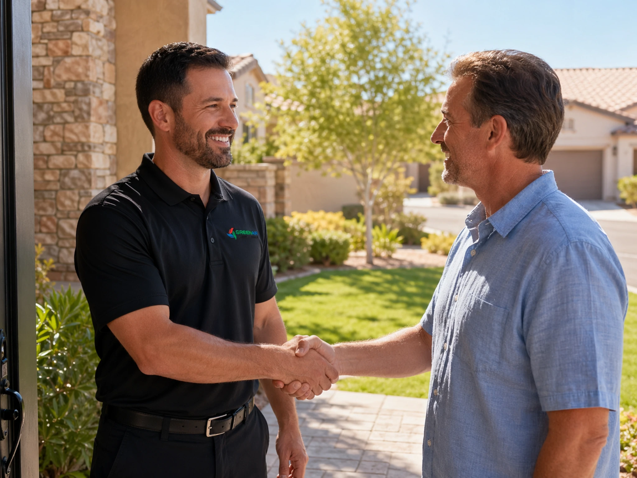 HVAC technician shaking hands with a happy homeowner at the front door of a suburban Nevada home