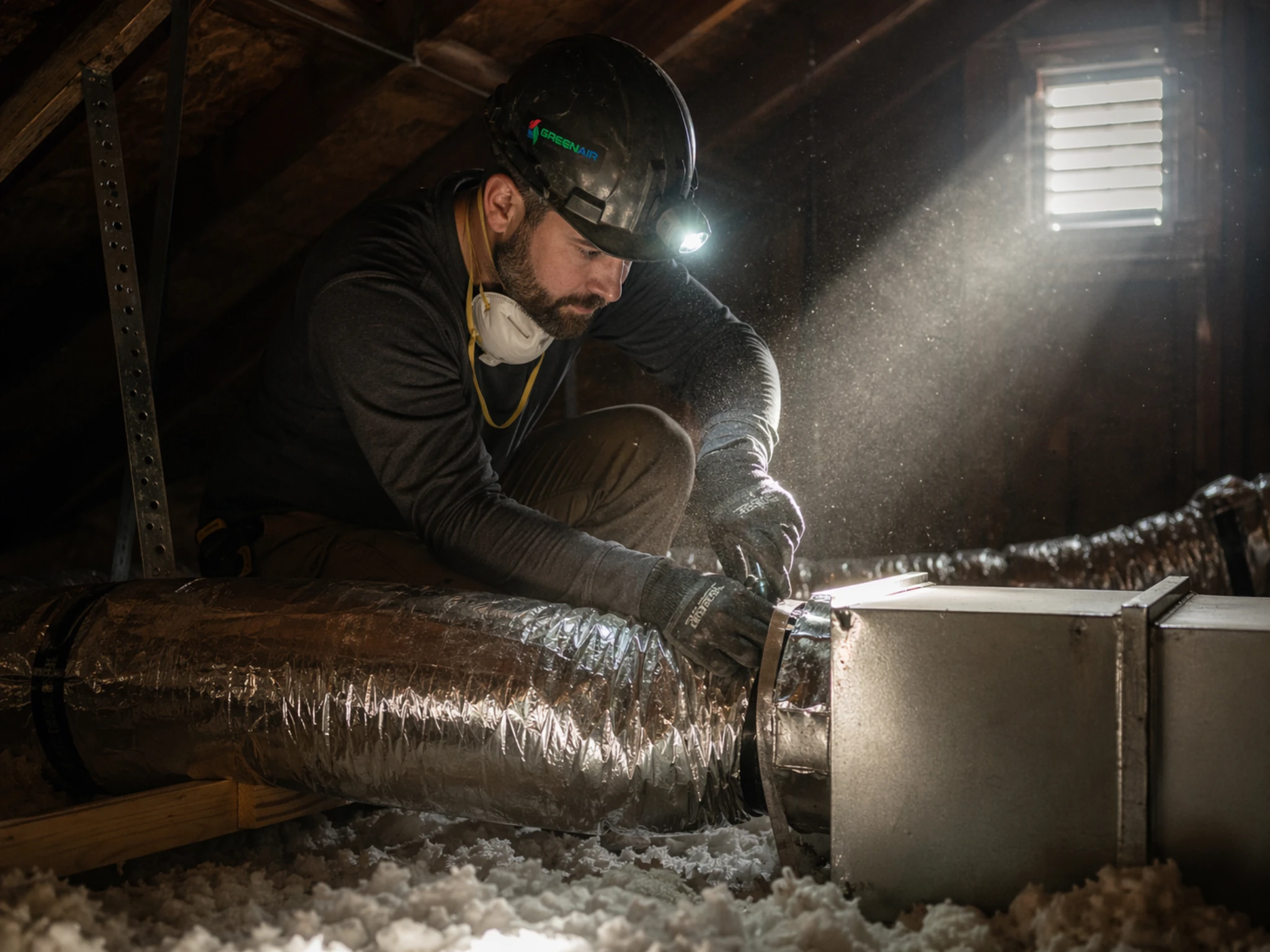 HVAC technician crouched in a dusty attic installing flexible ductwork while wearing a hard hat and headlamp