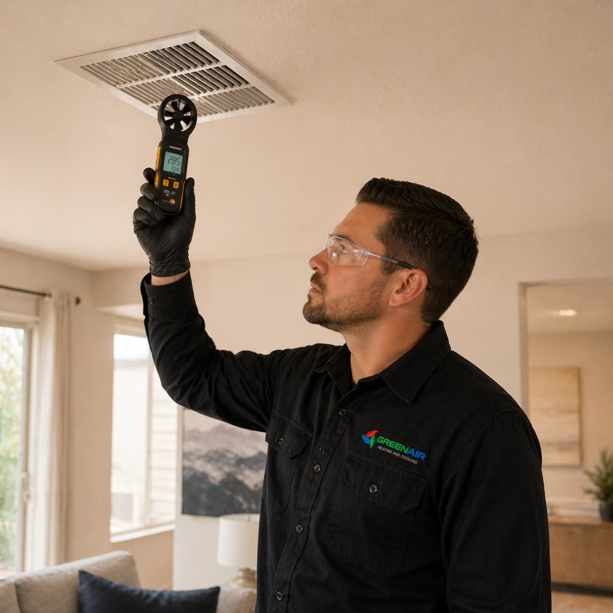 HVAC technician in a black GREEN AIR uniform using an anemometer to measure airflow from a ceiling vent inside a residential home